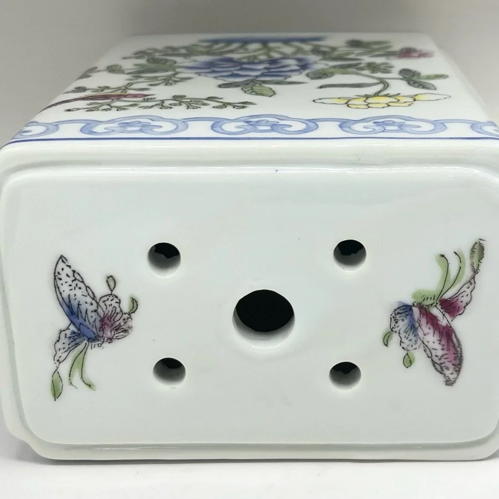 VTG Butterfly Floral Design Japanese Porcelain Ware Flower Frog Brick 3x5x6” EUC